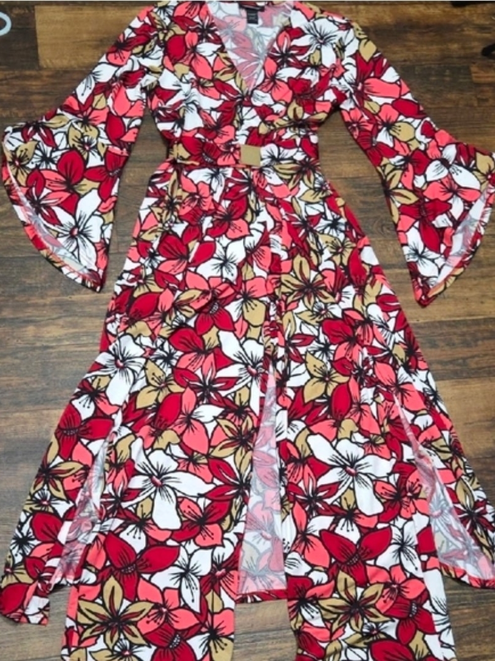 Ashley Stewart Red White Gold Floral Wrap Dress with Bell Sleeves